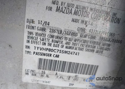 2005 Mazda Mazda6 I Grand Touring z USA, uszkodzony, nr VIN 1YVHP80C755M24741